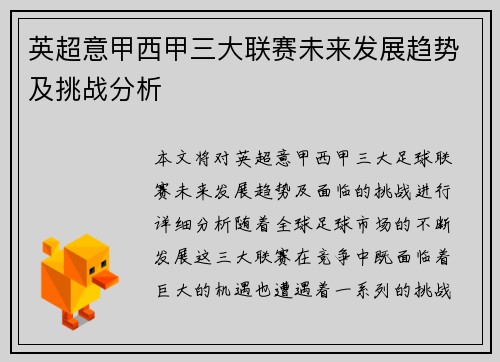 英超意甲西甲三大联赛未来发展趋势及挑战分析